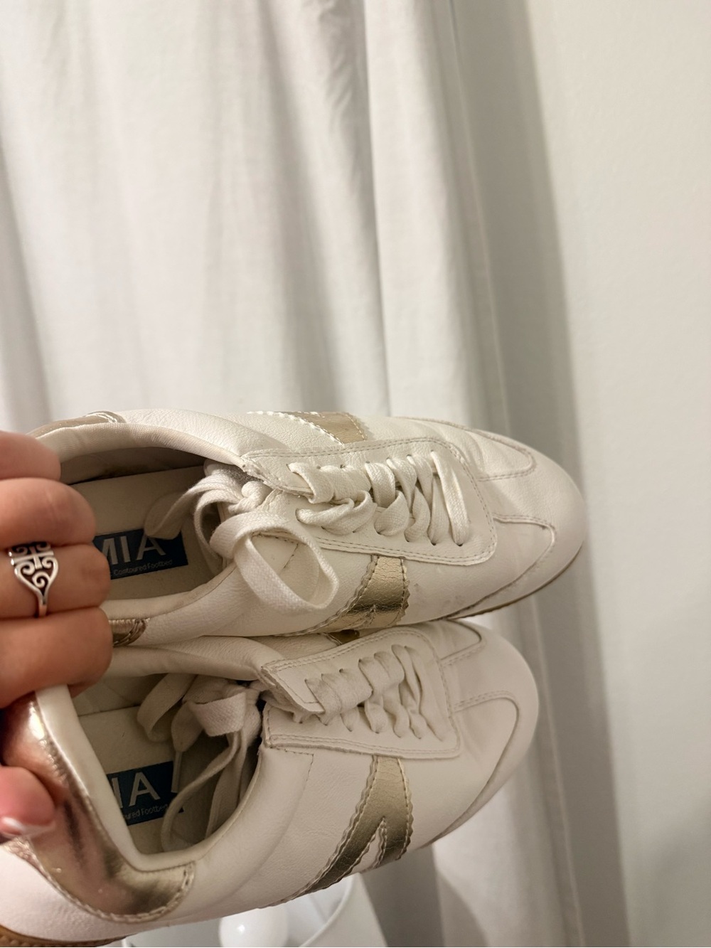 MIA Cream Leather Sneakers with Gold Stripe
